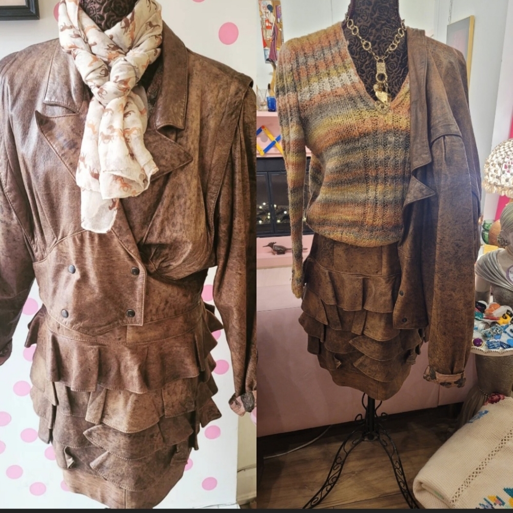 80s 2pc brown leather jacket and skirt set